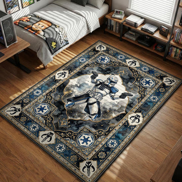 Captain Rex wielding dual blasters in a watercolor floral tapestry art style movie themed area rug and home theater mat
