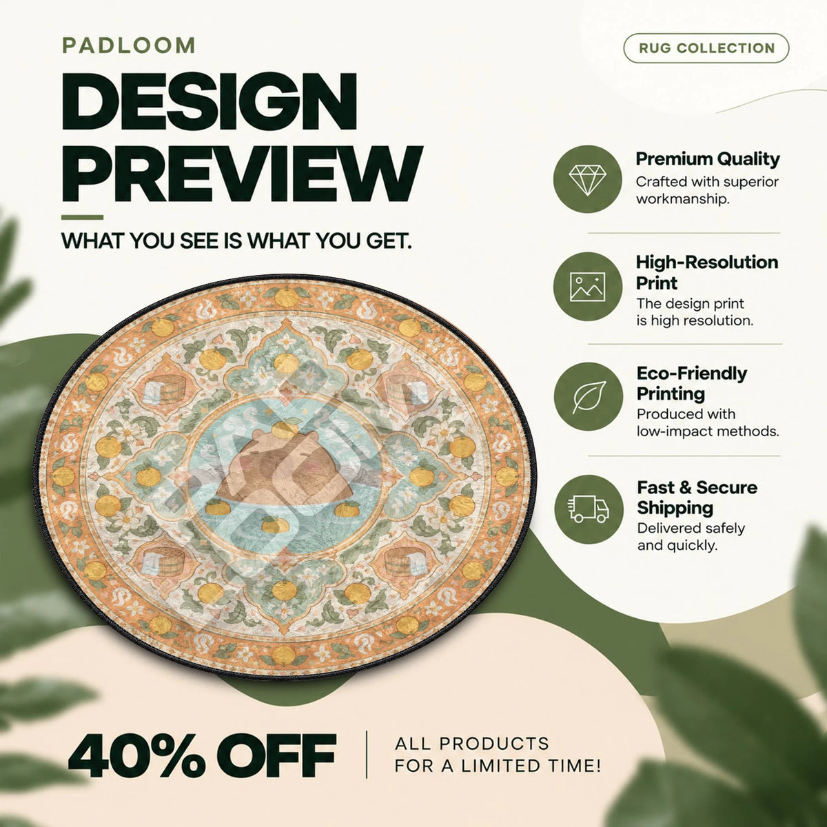 Capybara Soaking kawaii round rug full design preview
