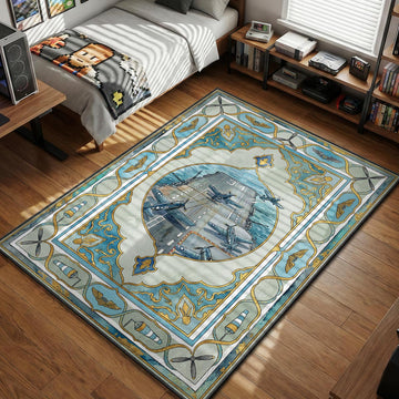 Vintage aircraft carrier flight deck with blue fighter planes taking off and gold aviation border gaming area rug and floor mat