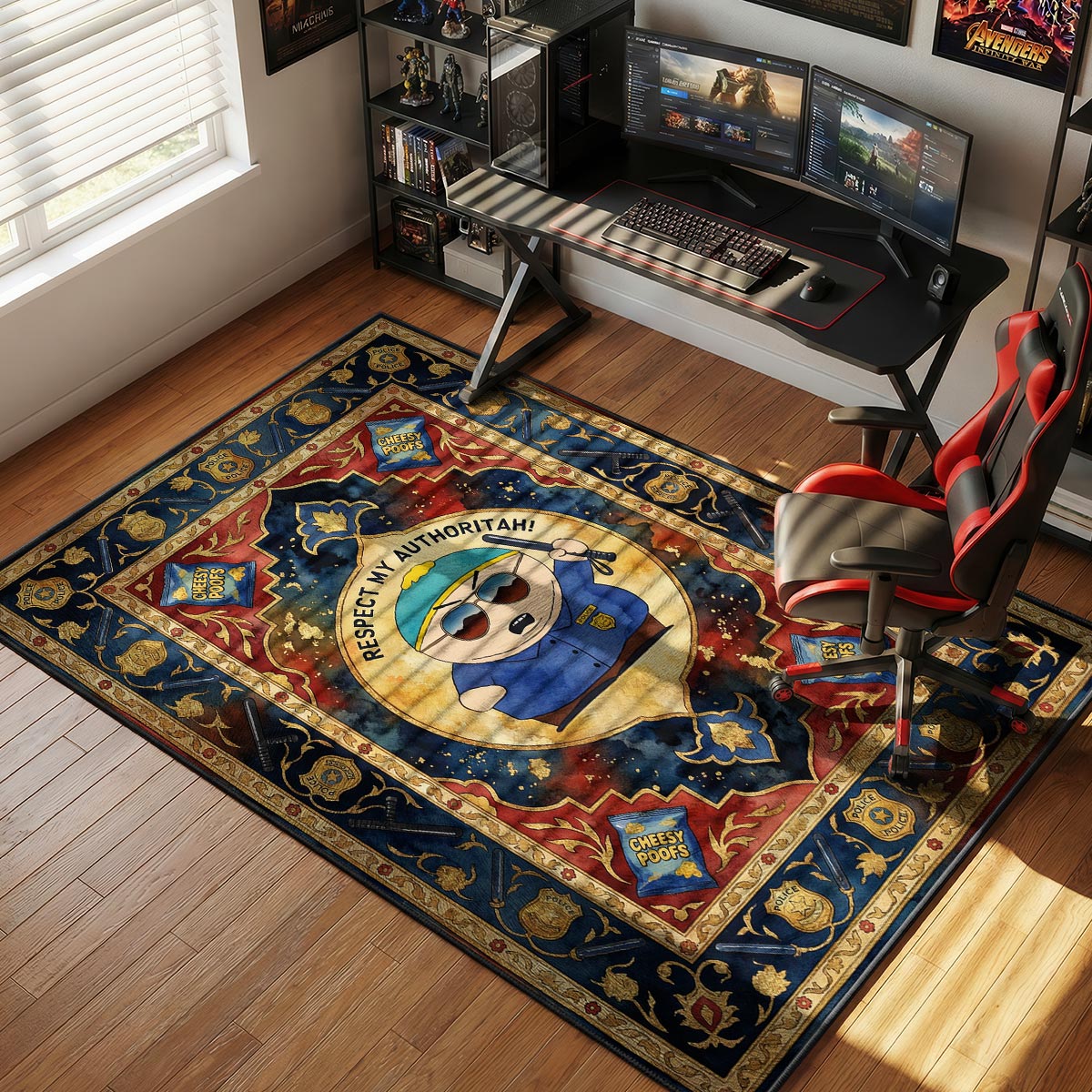 Cartman Authoritah rug placed in a media room with dark couch and warm overhead lighting