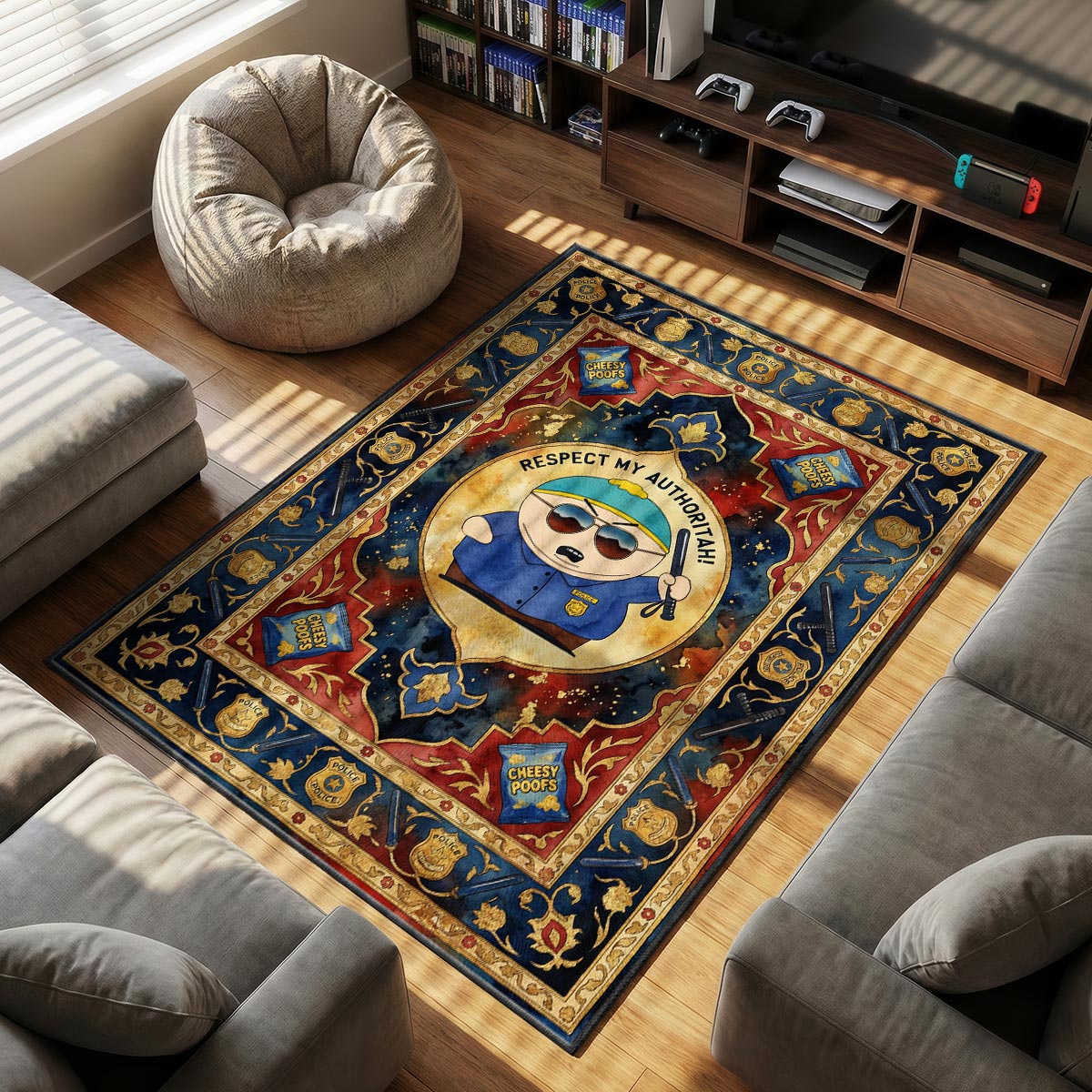 Close-up of Cartman South Park area rug showing gold badge details and velvet dye-sublimation