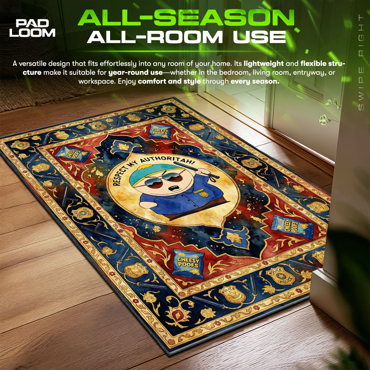 Detailed close-up of Cartman rug pattern
