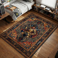 Casca wearing golden armor holding sword in intricate Persian ornamental style with Brand of Sacrifice details area rug and floor mat