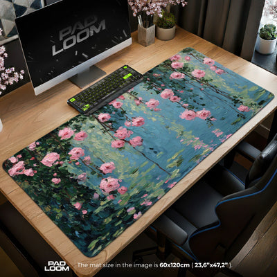 Cascading Roses Pond Mouse Pad - Oil Painting Desk Mat