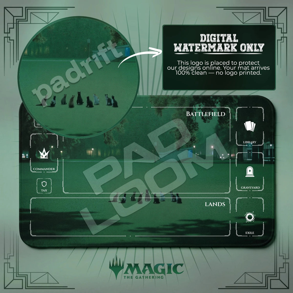 Cat Council MTG playmat with zones; the Padloom watermark is digital only, not printed