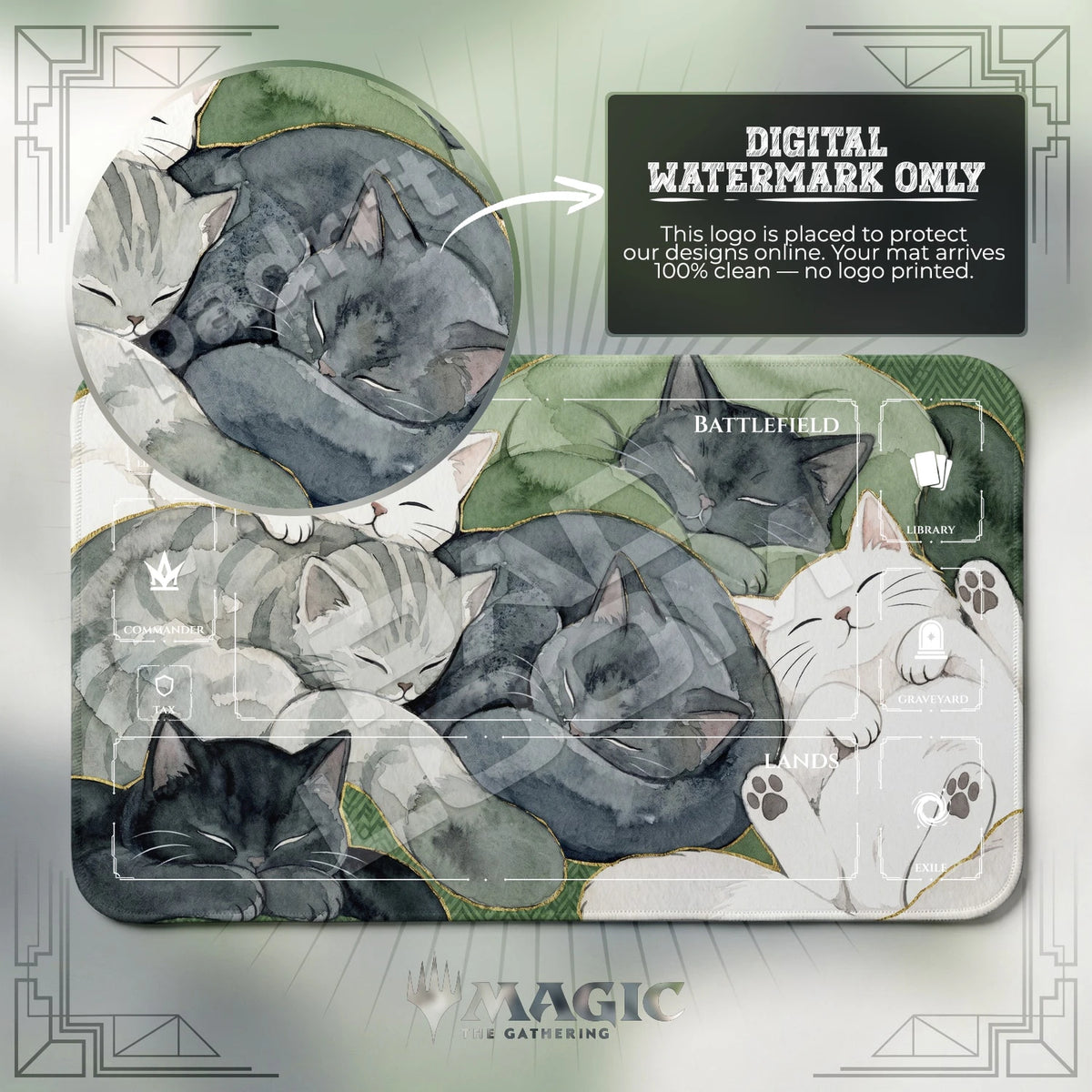Cat Nap Pile MTG playmat with zones; the Padloom watermark is digital only, not printed