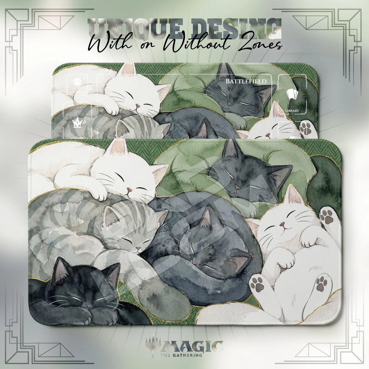 Cat Nap Pile MTG playmat shown with zones and without zones