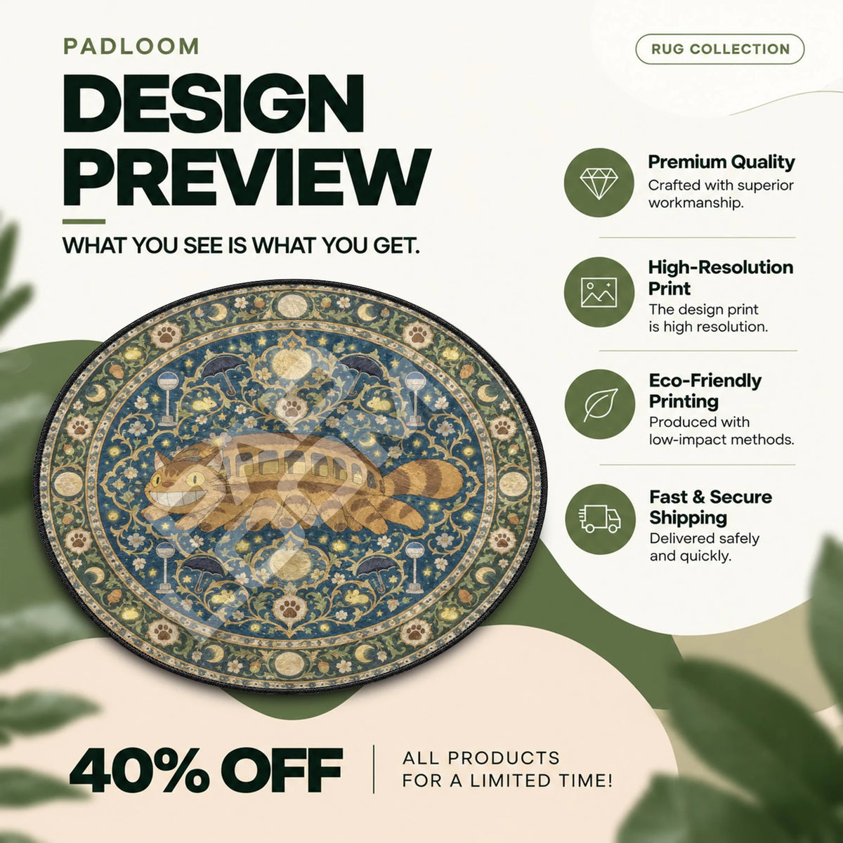 Catbus Moonlit Studio Ghibli round rug full design preview