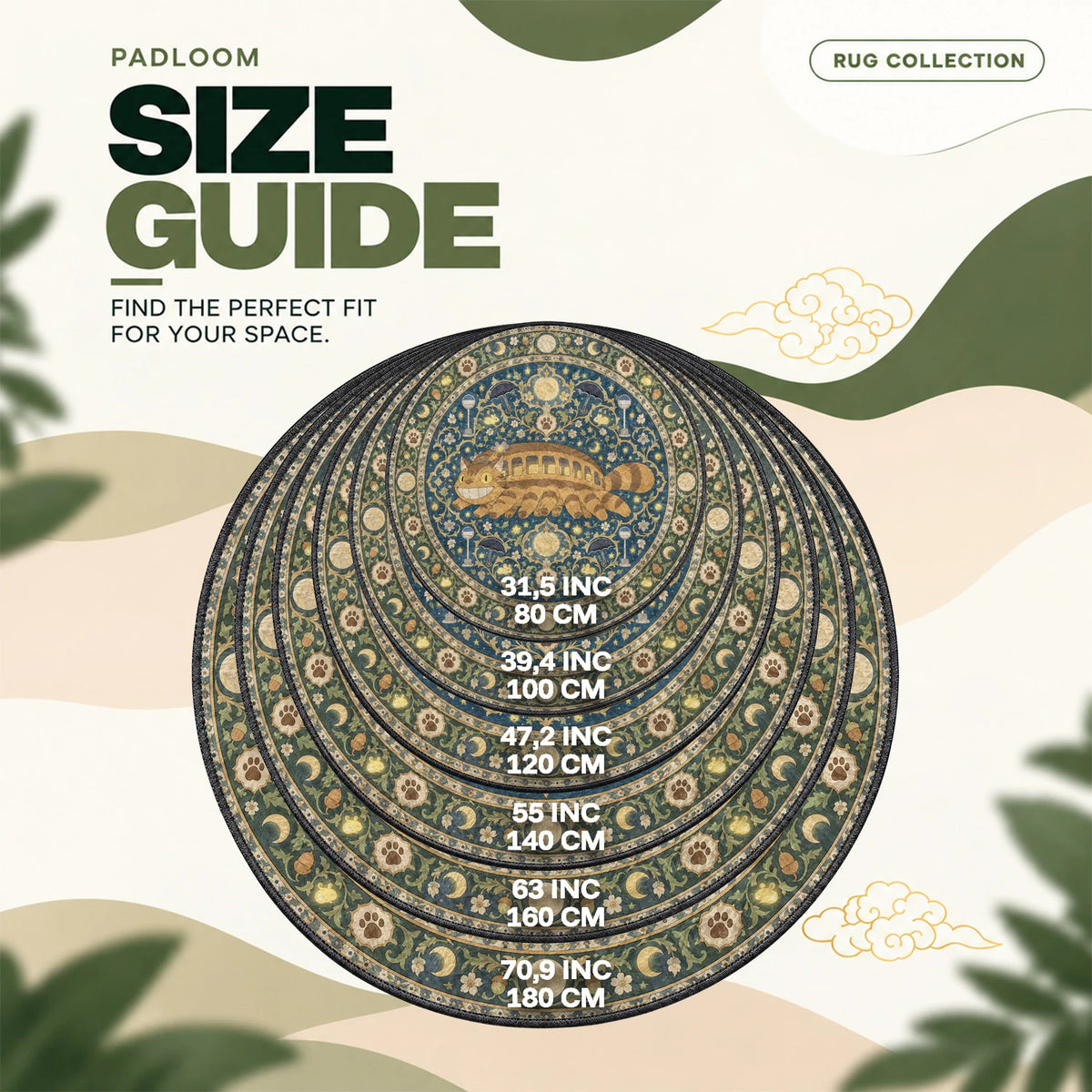 Catbus Moonlit round rug size guide, 80 to 180 cm (31.5 to 70.9 in)