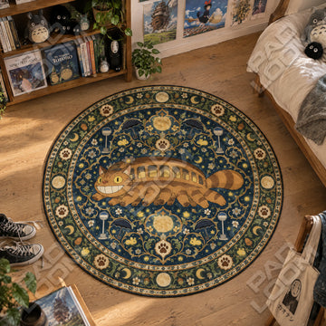 Catbus Moonlit Studio Ghibli round rug on a bedroom floor - Studio Ghibli chair mat