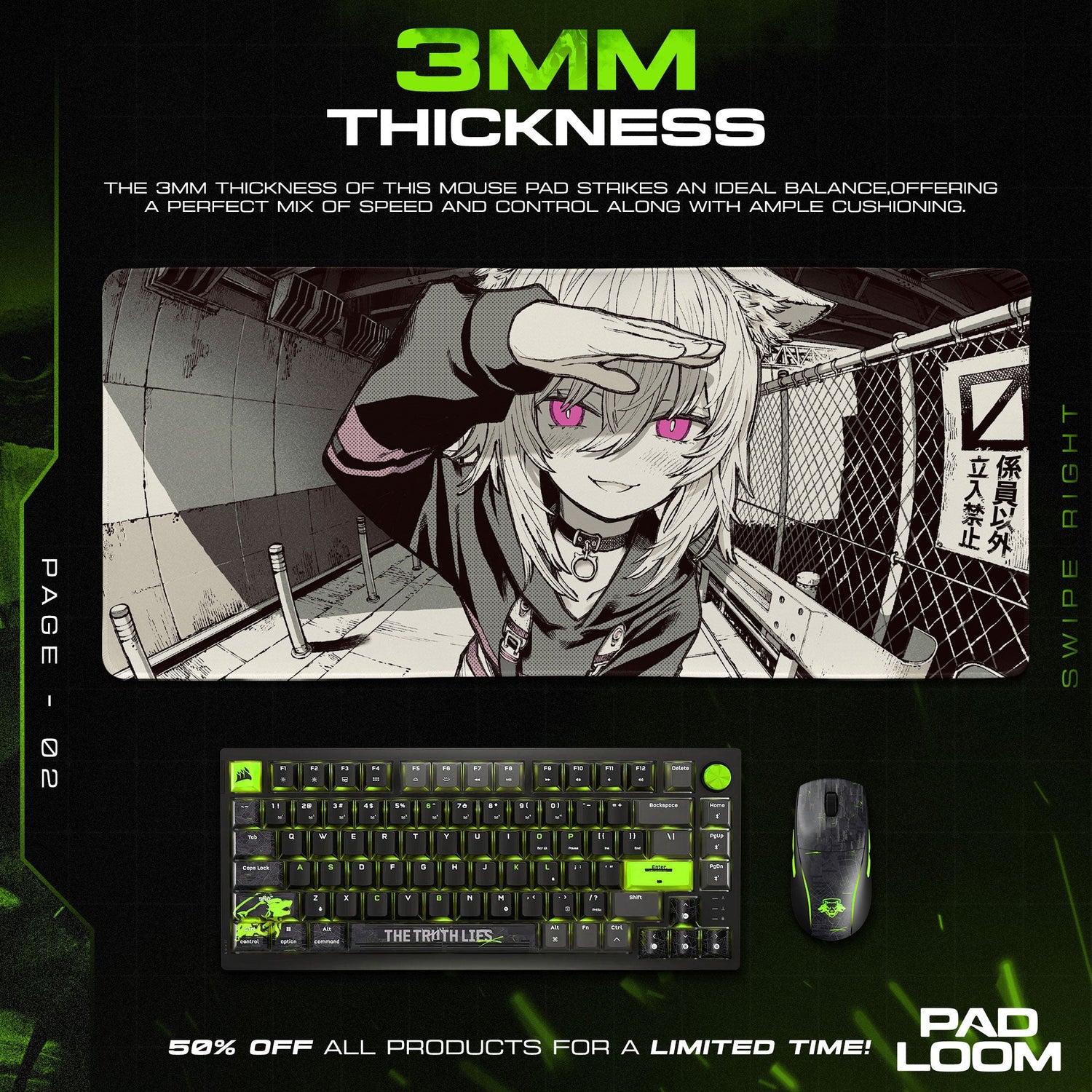 Catgirl Neon Eyes Mouse Pad, Anime Gaming Desk Mat Padloom