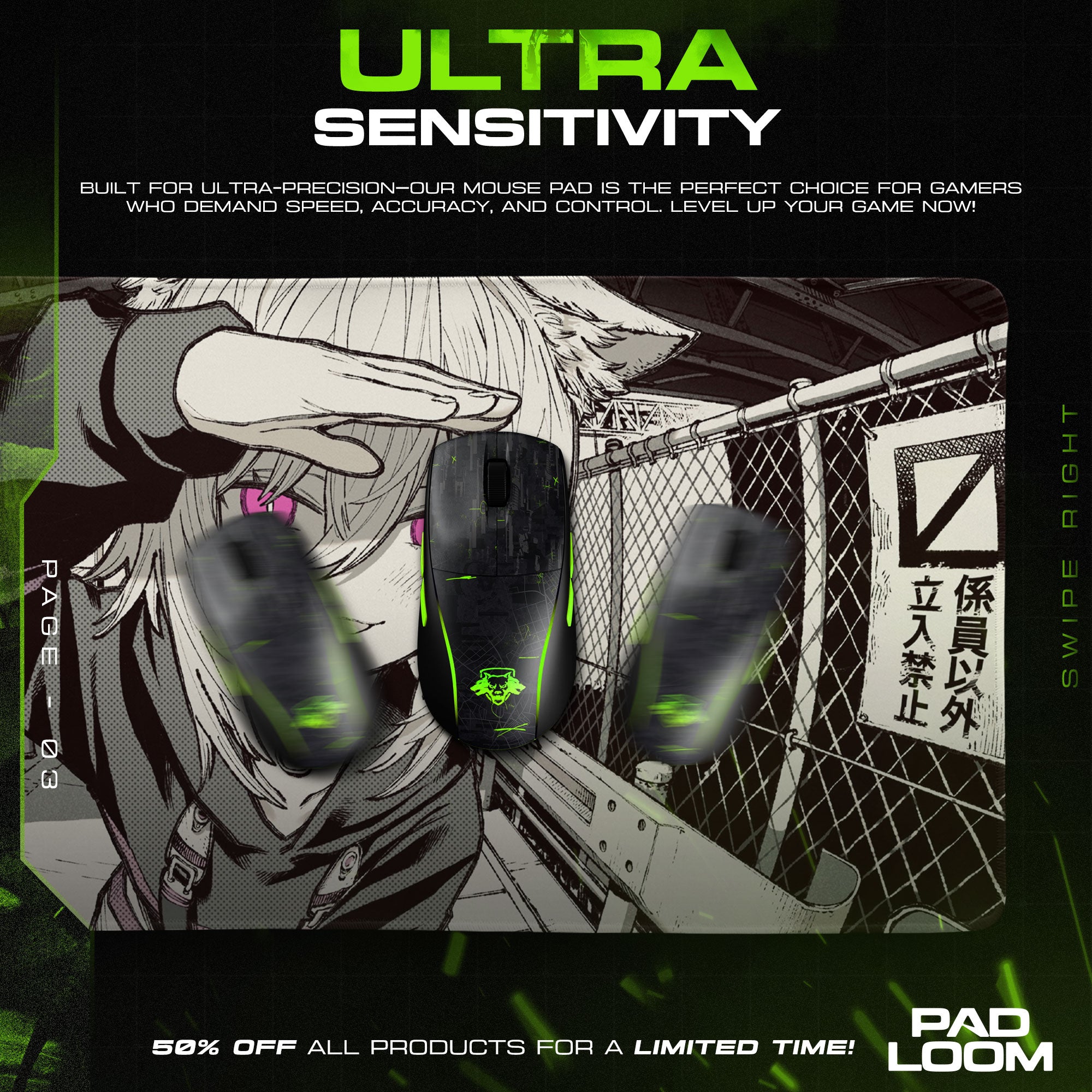Catgirl Neon Augen Mauspad, Anime Gaming Schreibtischmatte