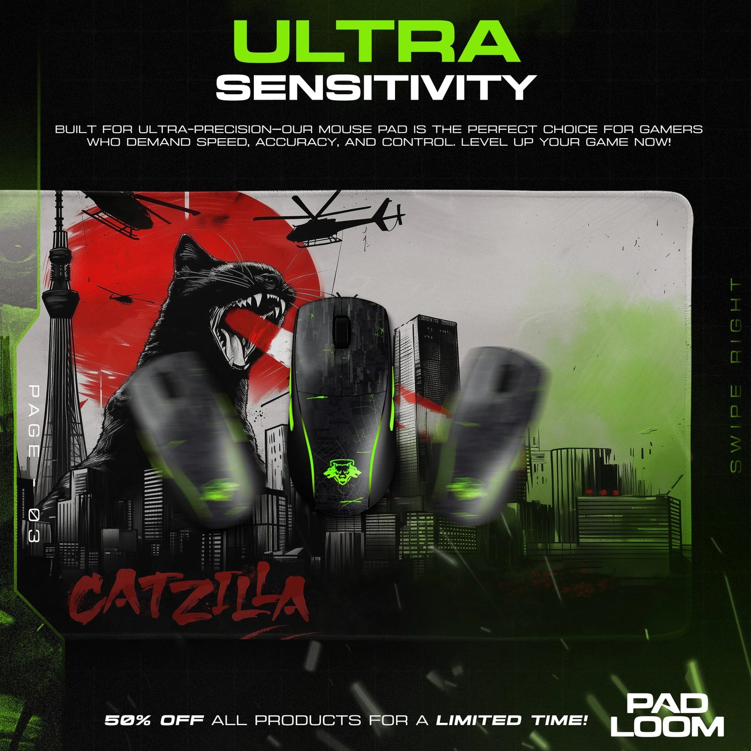 Catzilla City Roar Mouse Pad - Kaiju Desk Mat
