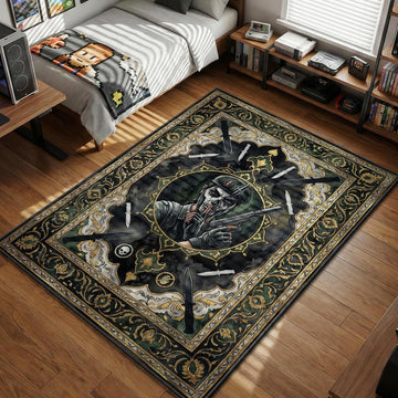 Caveira operator from Rainbow Six Siege performing shushing gesture with combat knives and skull icons gaming area rug and floor mat