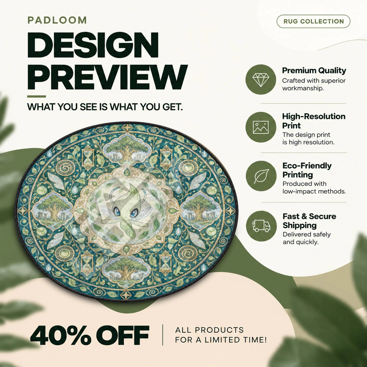 Celebi Floating Pokemon round rug full design preview