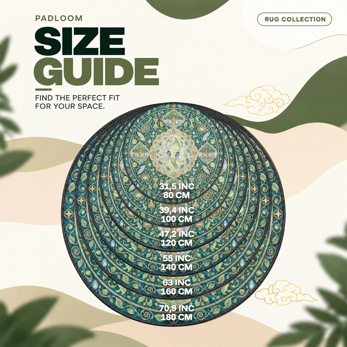 Celebi Floating round rug size guide, 80 to 180 cm (31.5 to 70.9 in)