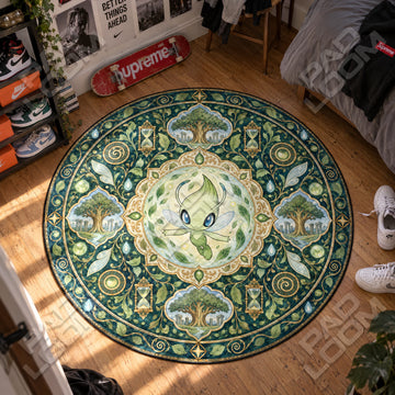 Celebi Floating Pokemon round rug on a bedroom floor - Pokemon chair mat