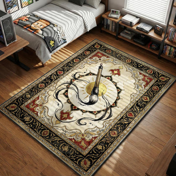 Celestial Brush floating over golden sun with black ink swirls in traditional scroll style gaming area rug and floor mat