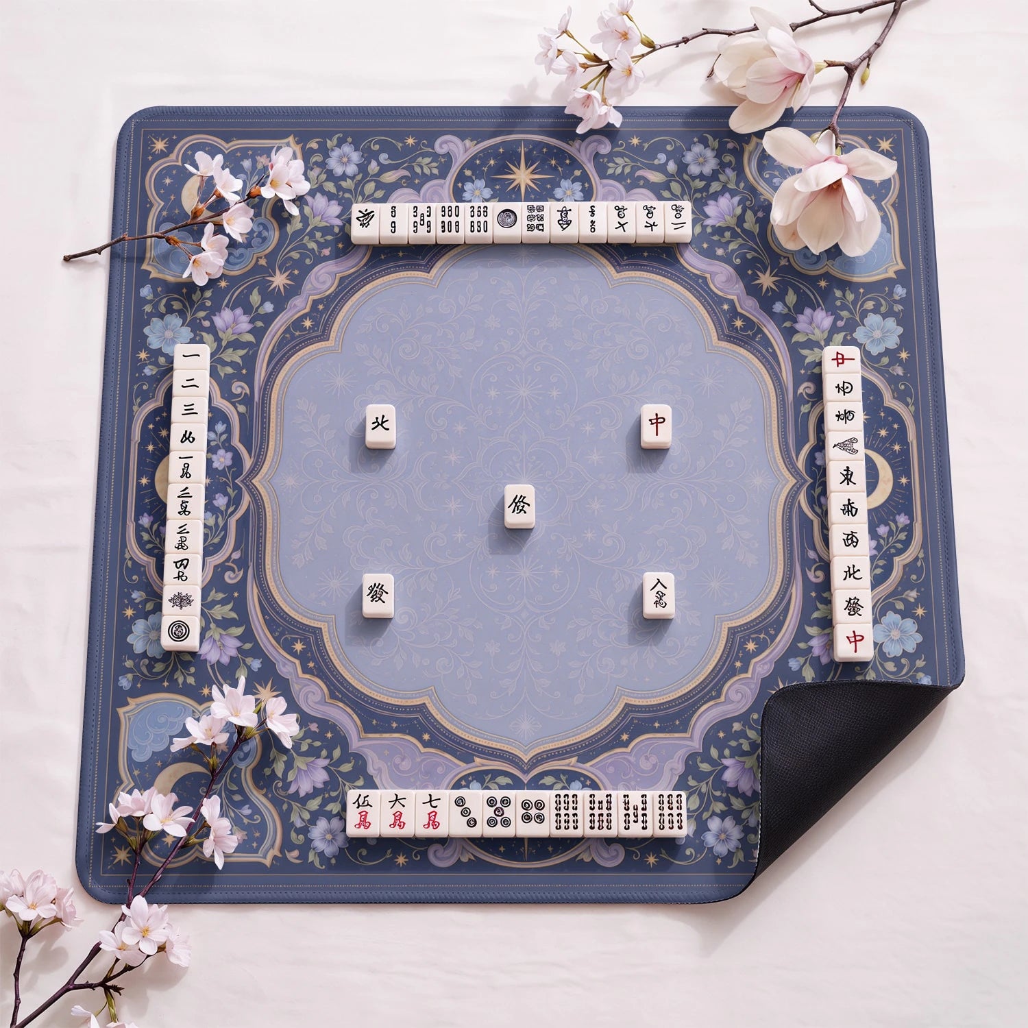 Celestial Moon design close-up on mahjong mat surface