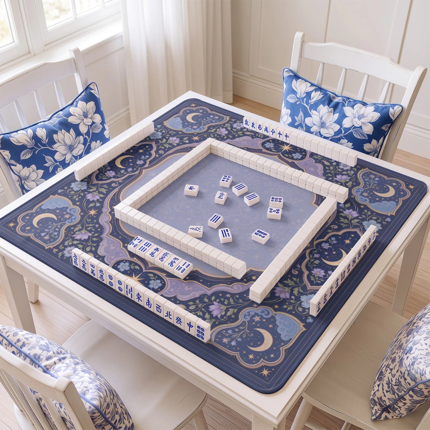 Celestial Moon mahjong mat with tiles and racks on the table