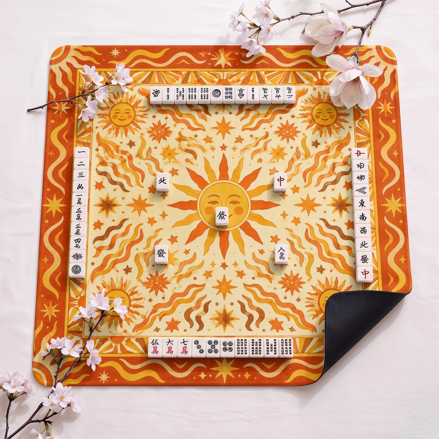 Celestial Sun design close-up on mahjong mat surface