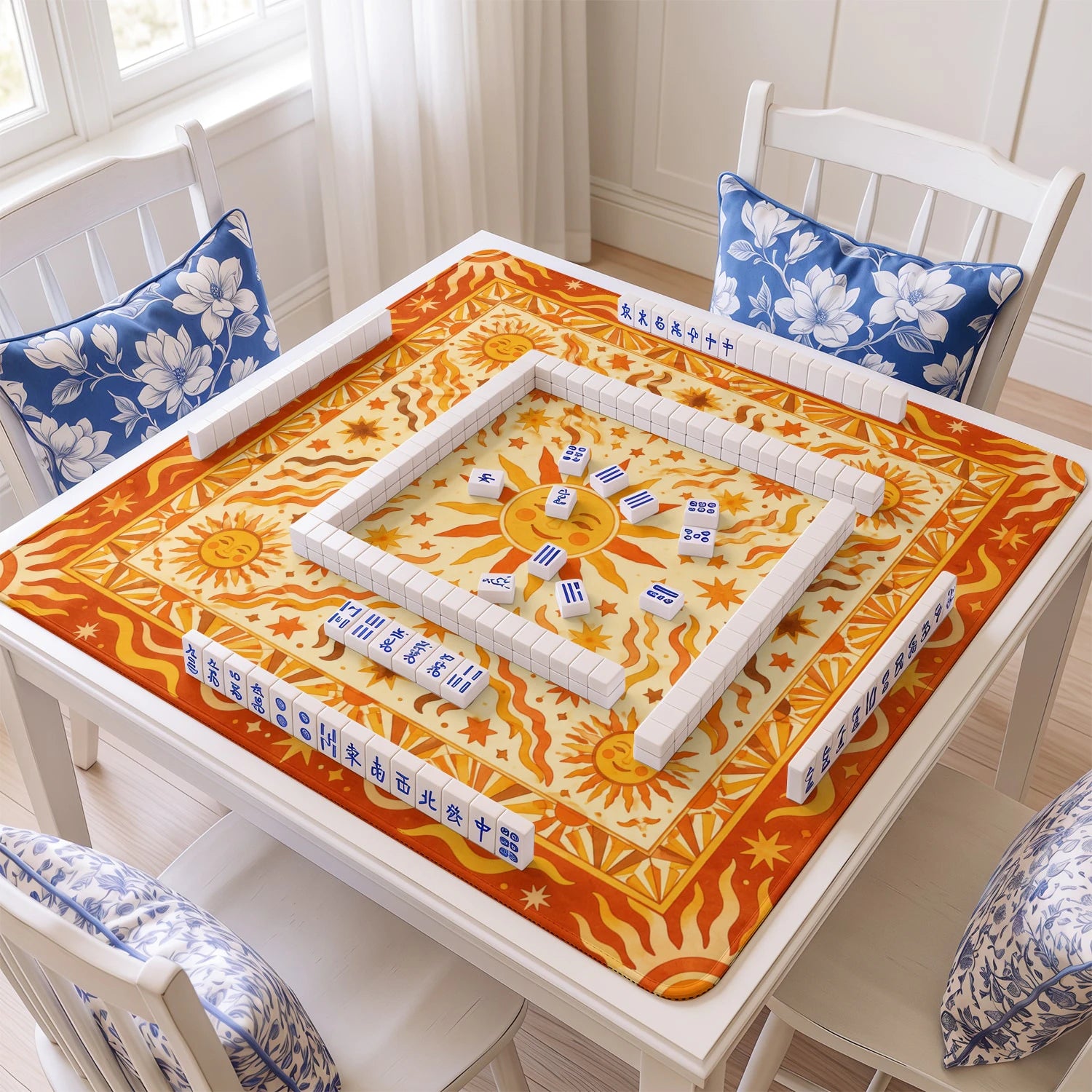 Celestial Sun mahjong mat with tiles and racks on the table