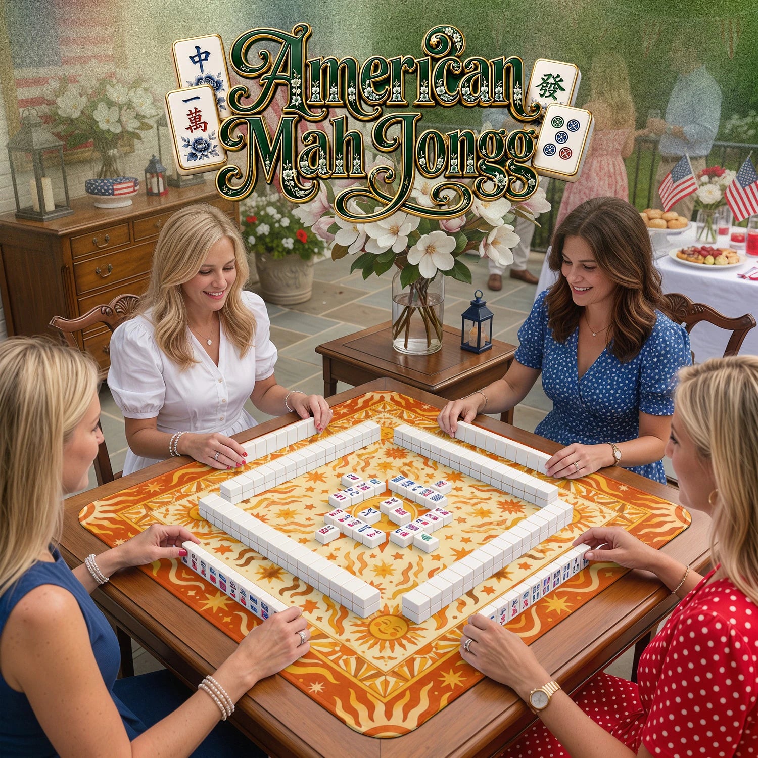 Celestial Sun – non-slip mahjong table mat detail