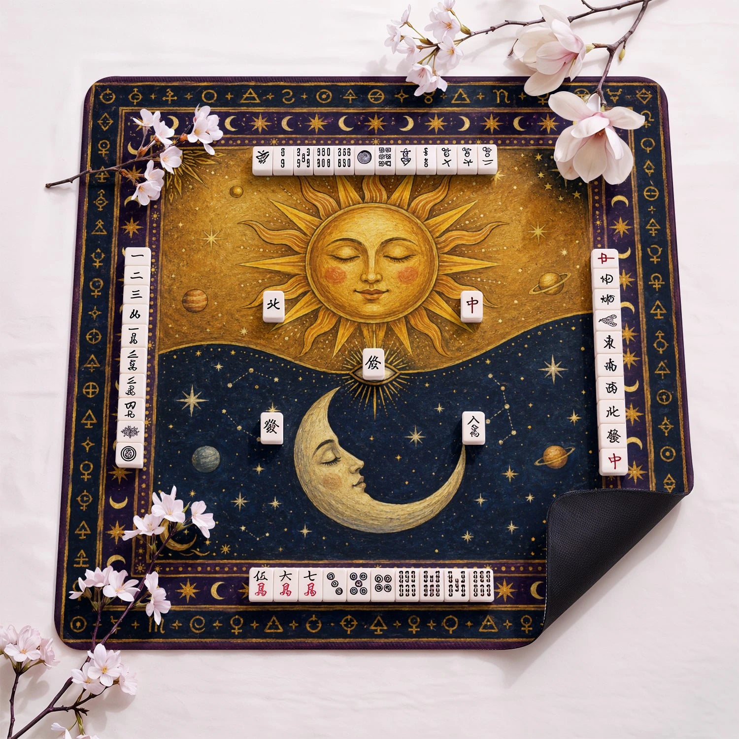 Celestial Sun Moon design close-up on mahjong mat surface