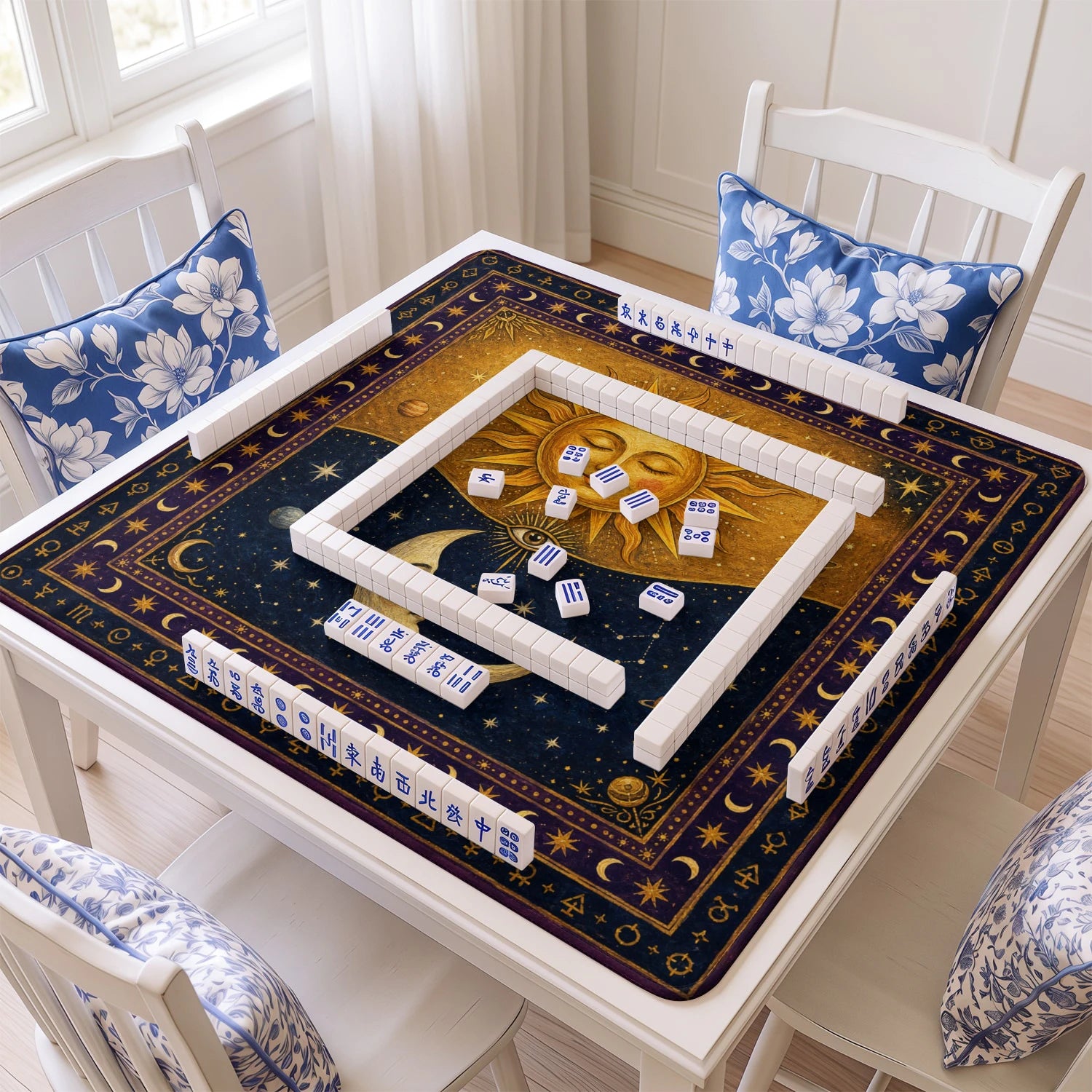 Celestial Sun Moon mahjong mat with tiles and racks on the table