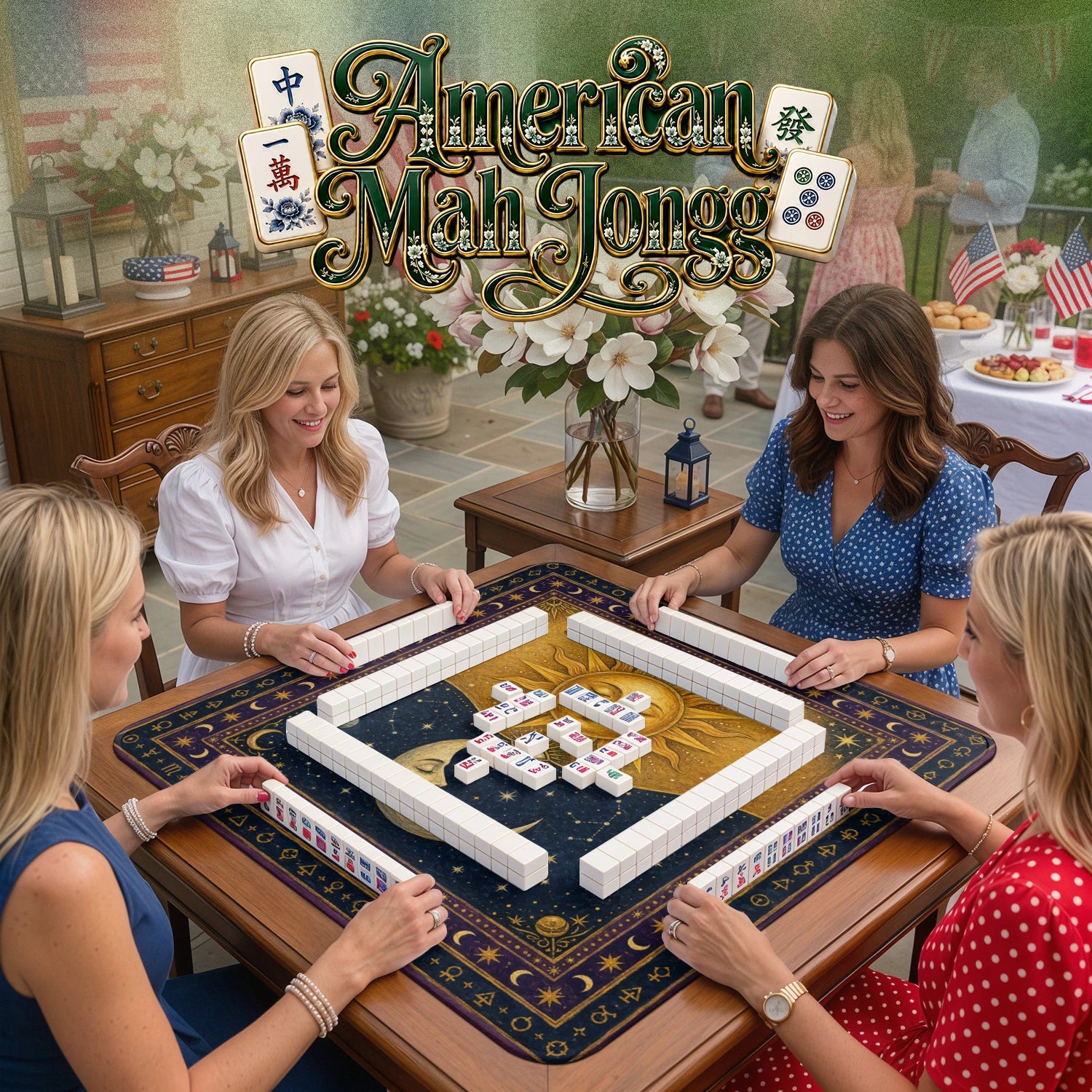 Celestial Sun Moon – non-slip mahjong table mat detail