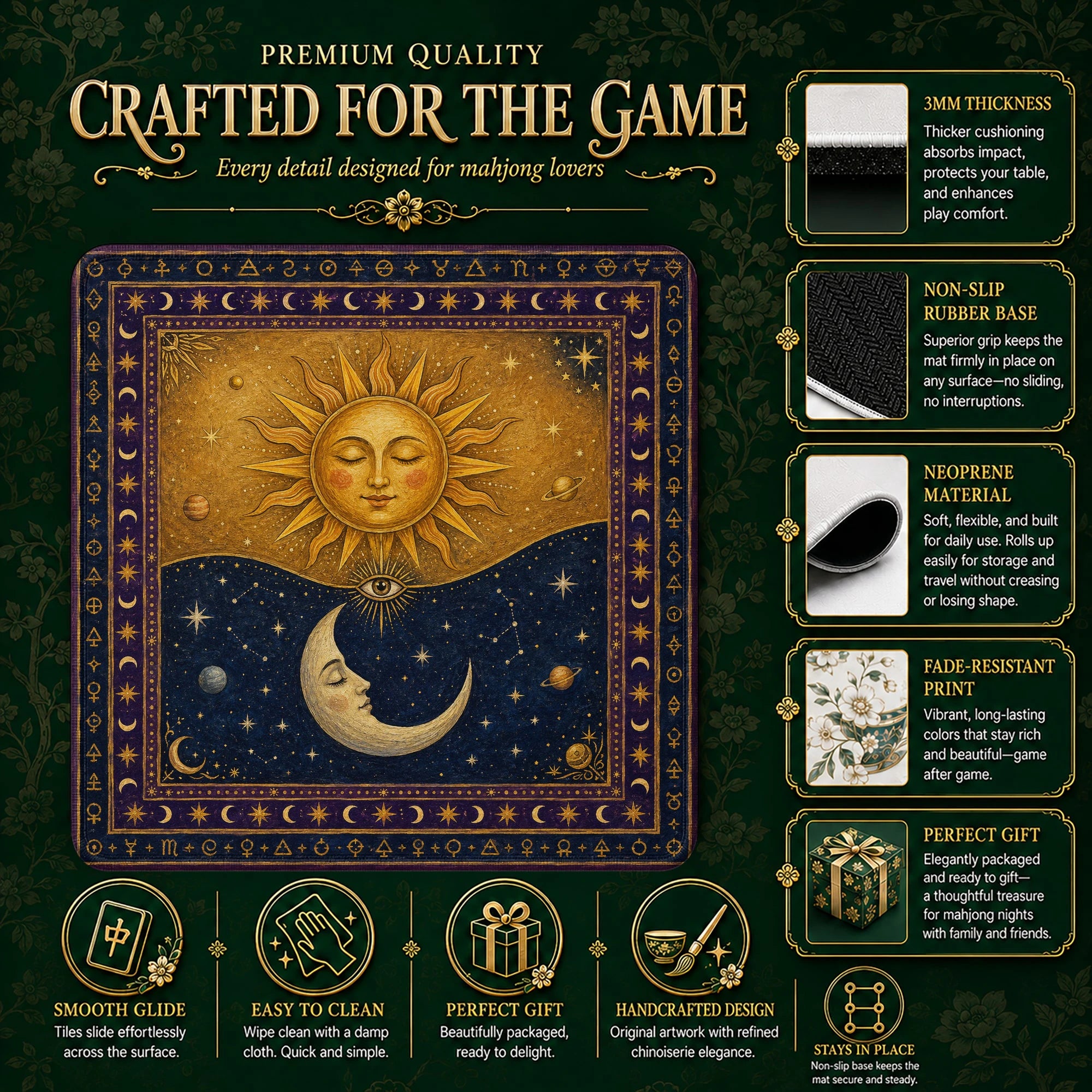 Celestial Sun Moon Mahjong Mat – neoprene mah jongg table mat