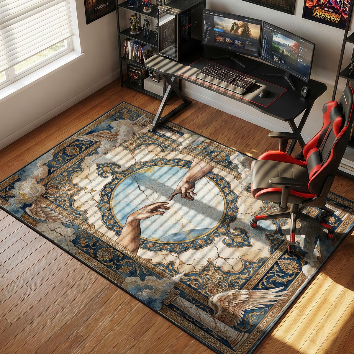 Celestial touch rug placed in a formal living room with white marble floor and gold accent fixtures