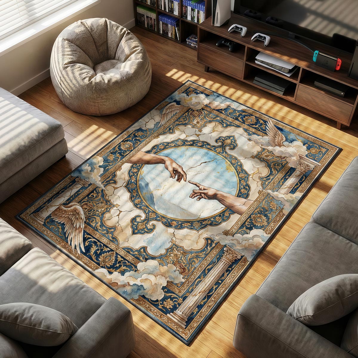Close-up of celestial touch rug showing cracked plaster texture and reaching finger detail on velvet