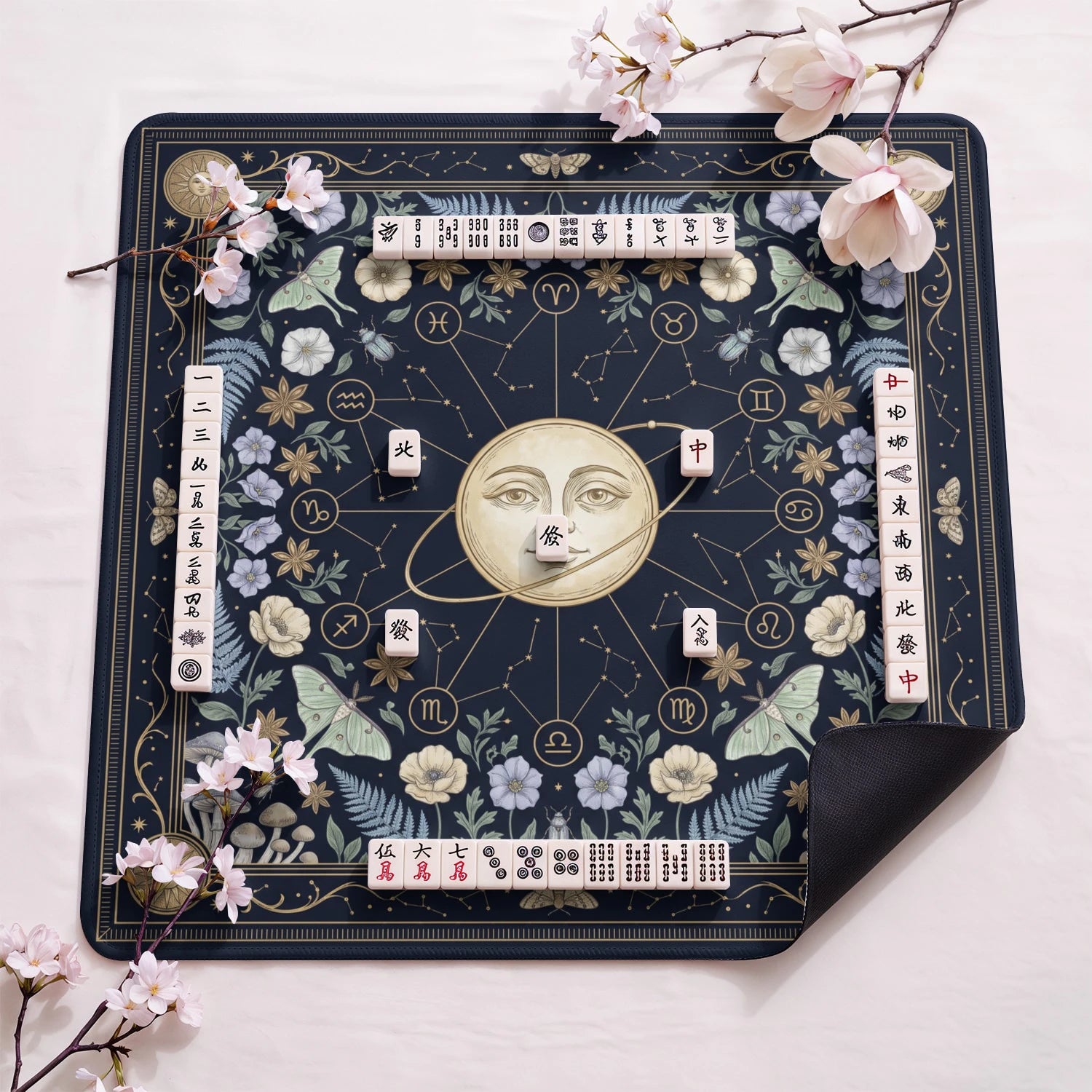 Celestial Zodiac design close-up on mahjong mat surface