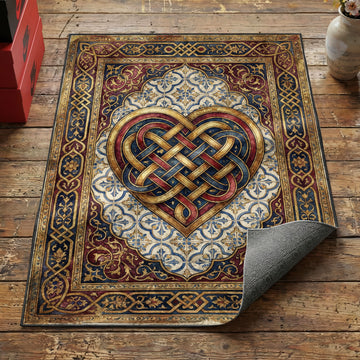 Valentine's Celtic love knot heart area rug with interwoven gold red navy bands on tile field