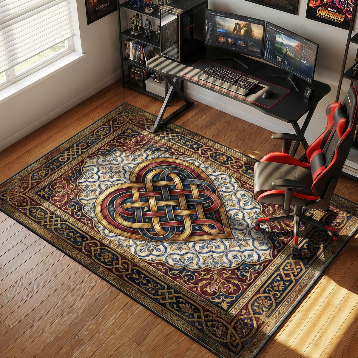 Celtic love knot rug placed in a warm living room beside a stone fireplace and dark wood chair
