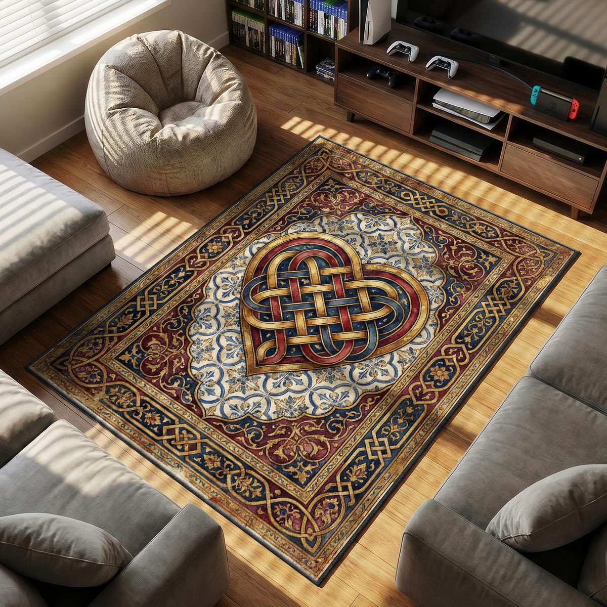 Detail of Celtic knot rug showing interlocking band weave and gold texture on velvet surface