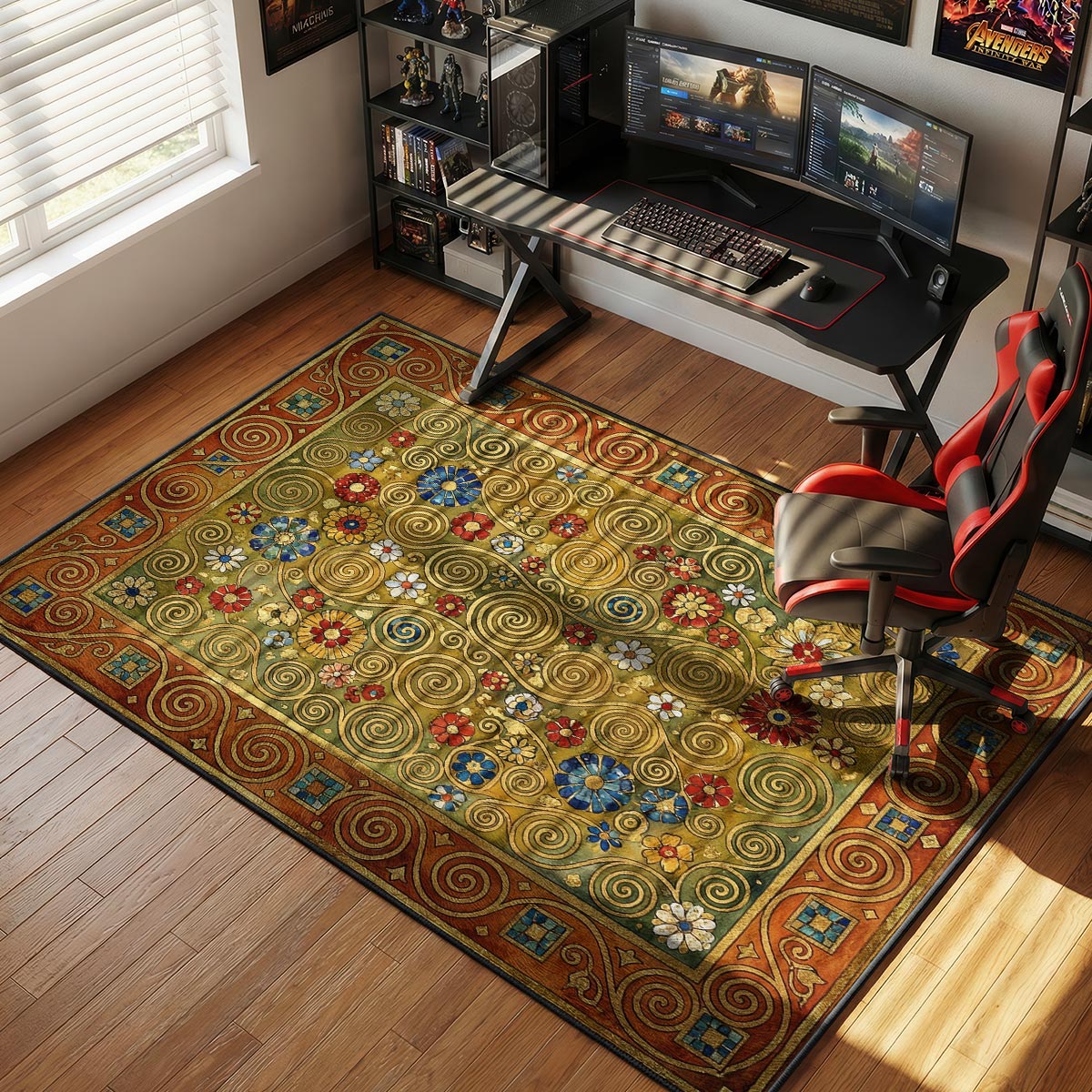 Folk art spiral rug placed in a bohemian living room with eclectic furniture and warm textiles