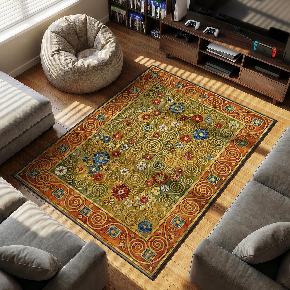 Close-up of celtic spiral rug showing mosaic tile corner detail and plush surface texture
