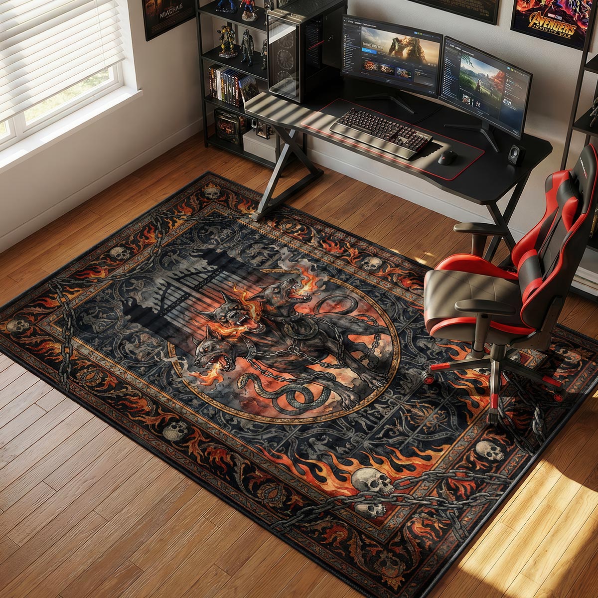 Cerberus rug placed in a dark gaming room with dim orange lighting and black furniture