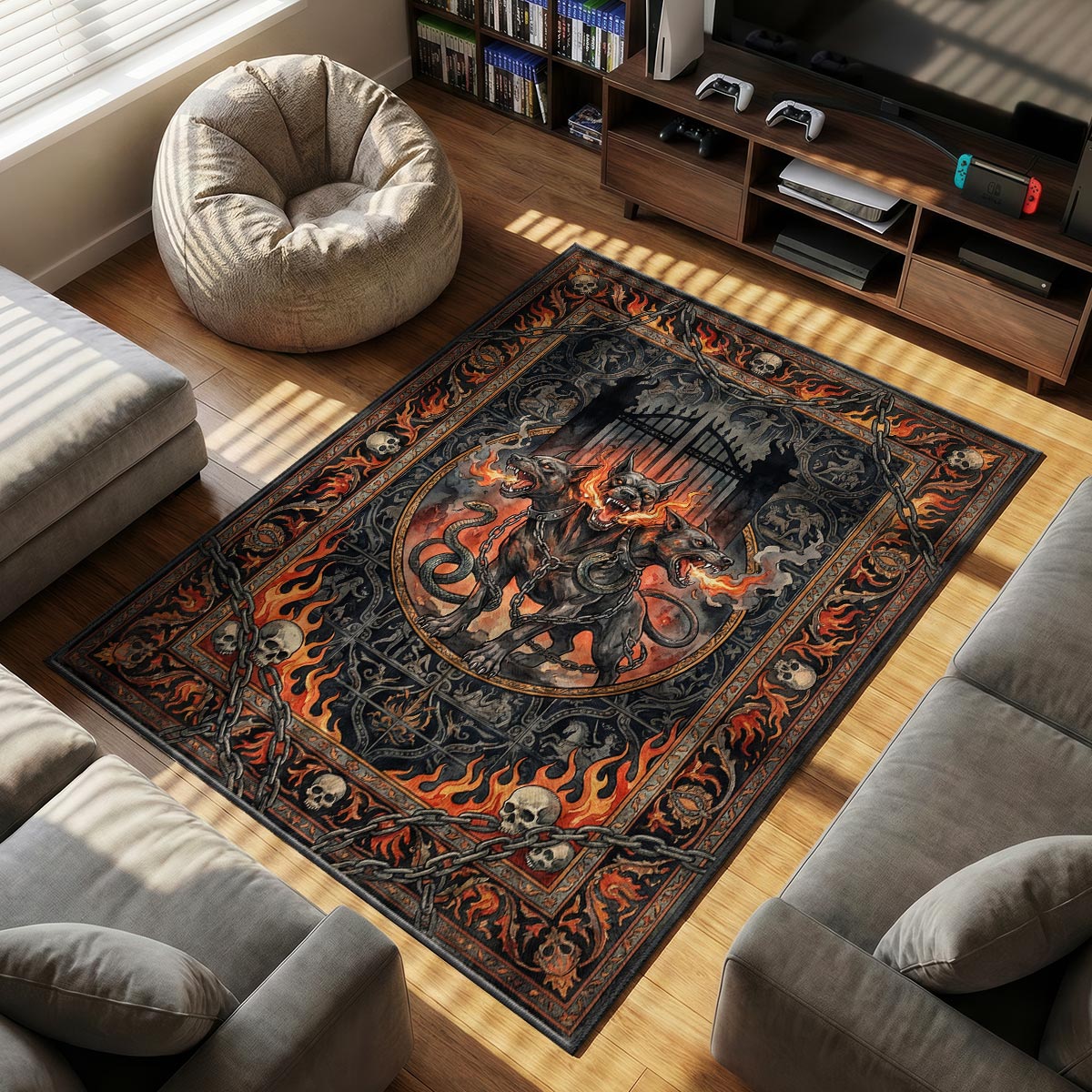 Close-up of Cerberus rug showing flame border detail and chain link texture on plush fiber