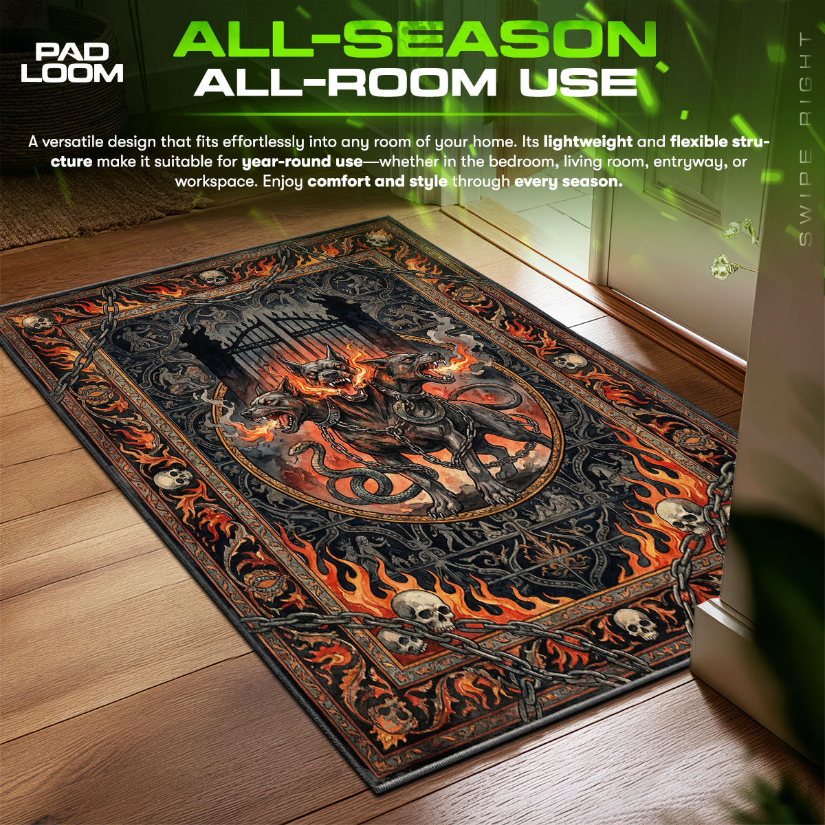 Detailed close-up of Cerberus rug pattern