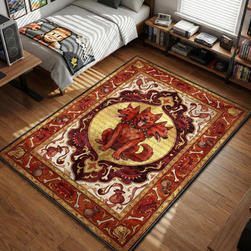 Cerberus three-headed dog sitting on gold background with bones and loot bags art style gaming area rug and floor mat