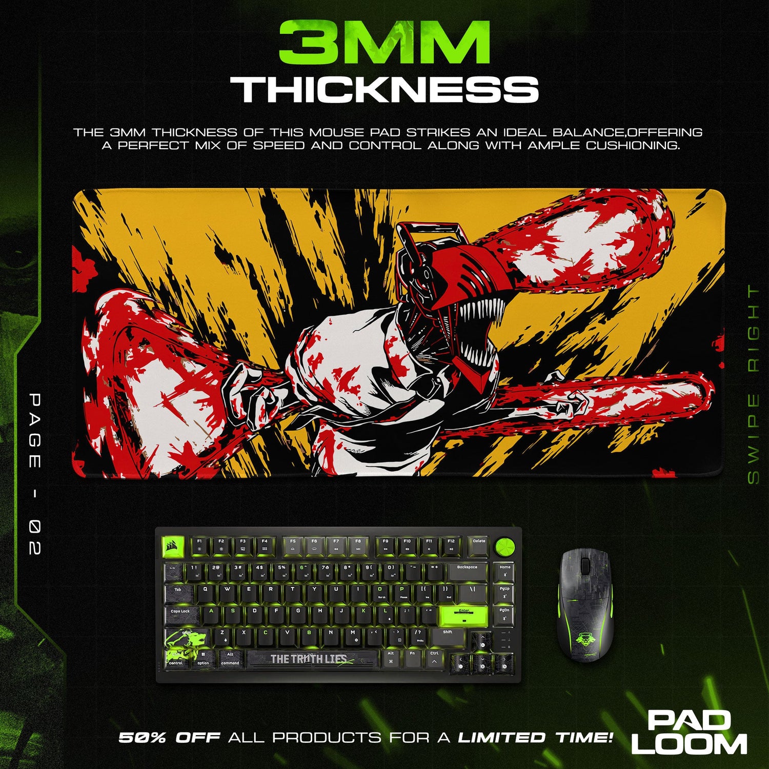 Chainsaw Man Blood Splash Mouse Pad, Yellow Anime Desk Mat Padloom