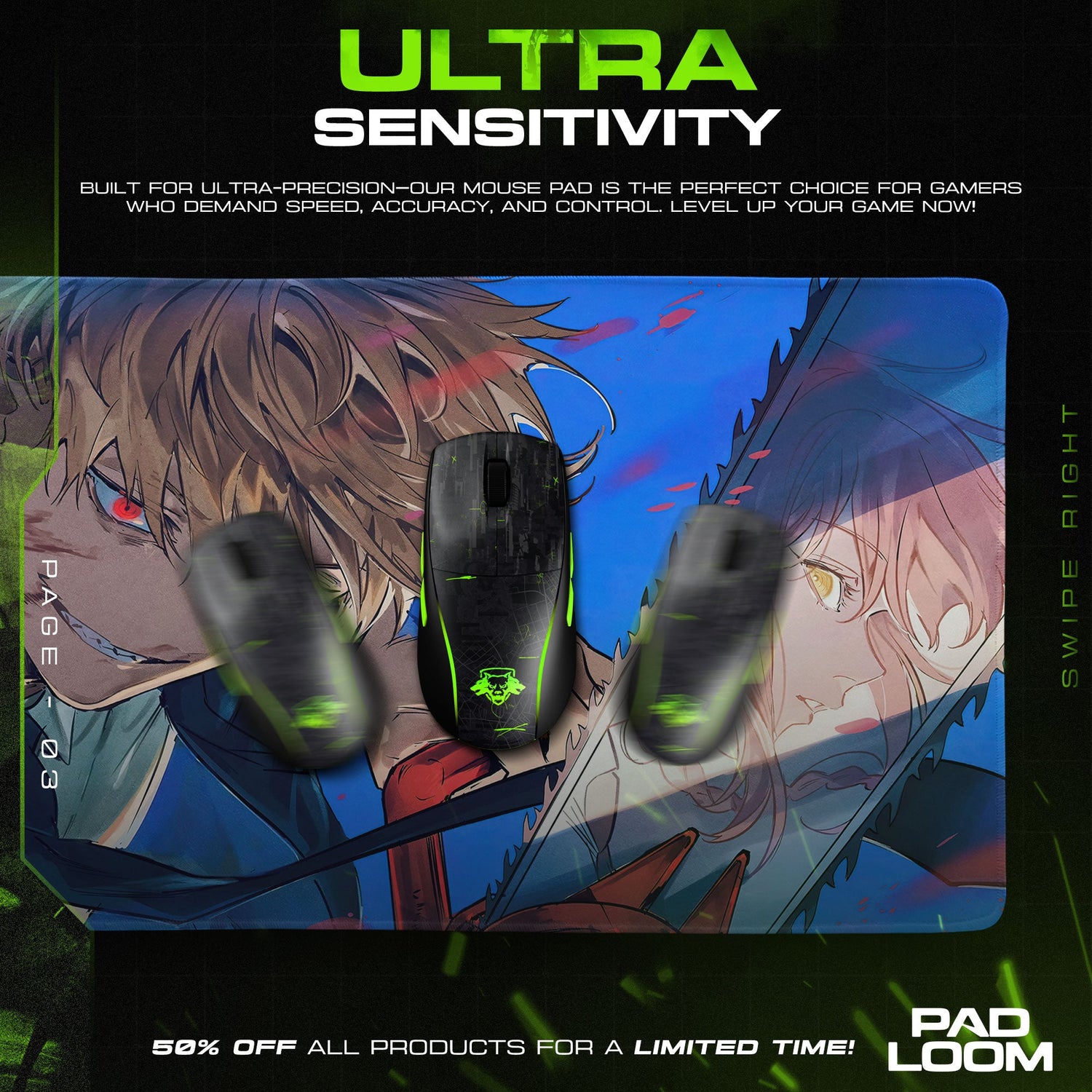 Chainsaw Man Denji Intense Gaze Mouse Pad, Anime Gaming Desk Mat Padloom