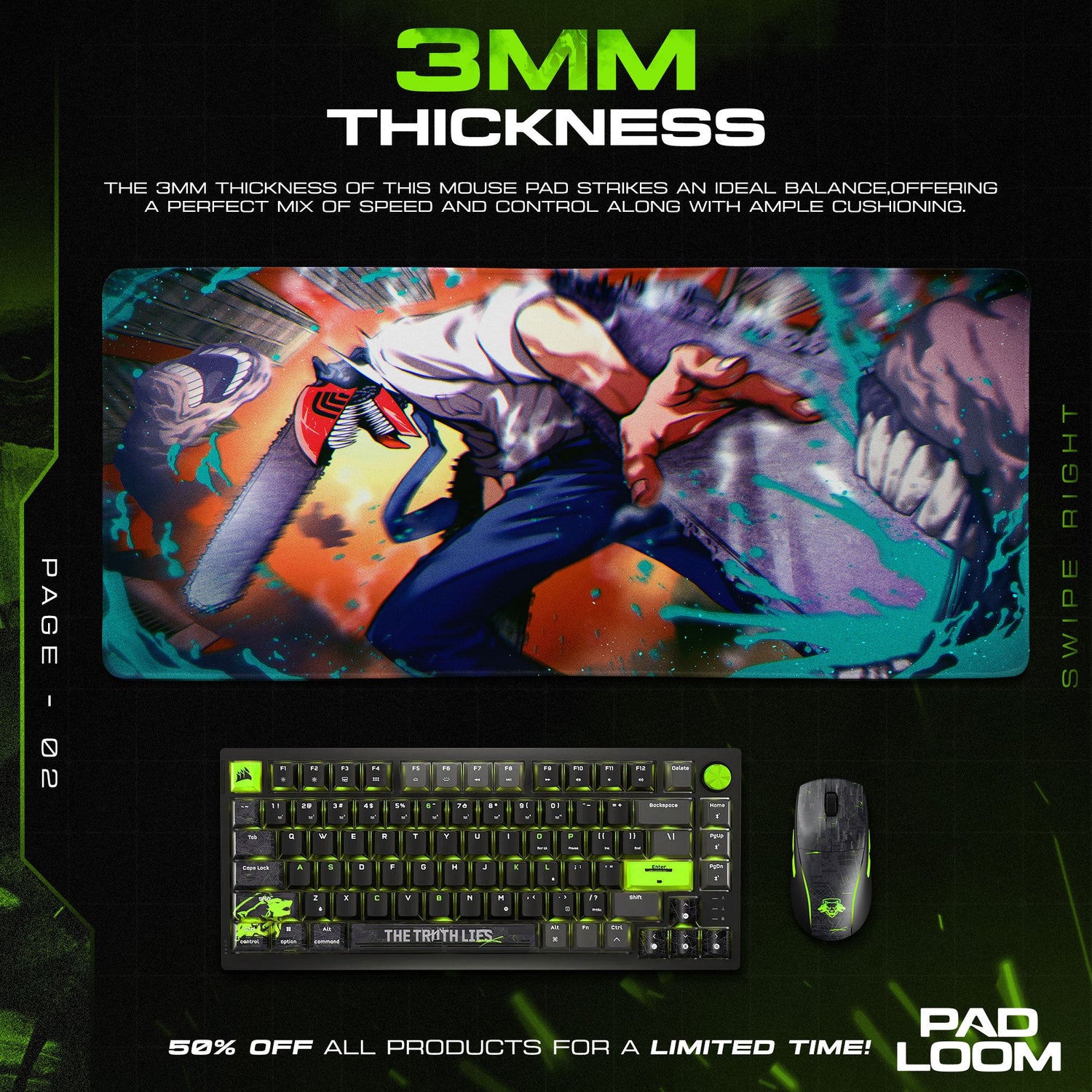 Chainsaw Man Fierce Leap Mouse Pad, Anime Gaming Desk Mat Padloom