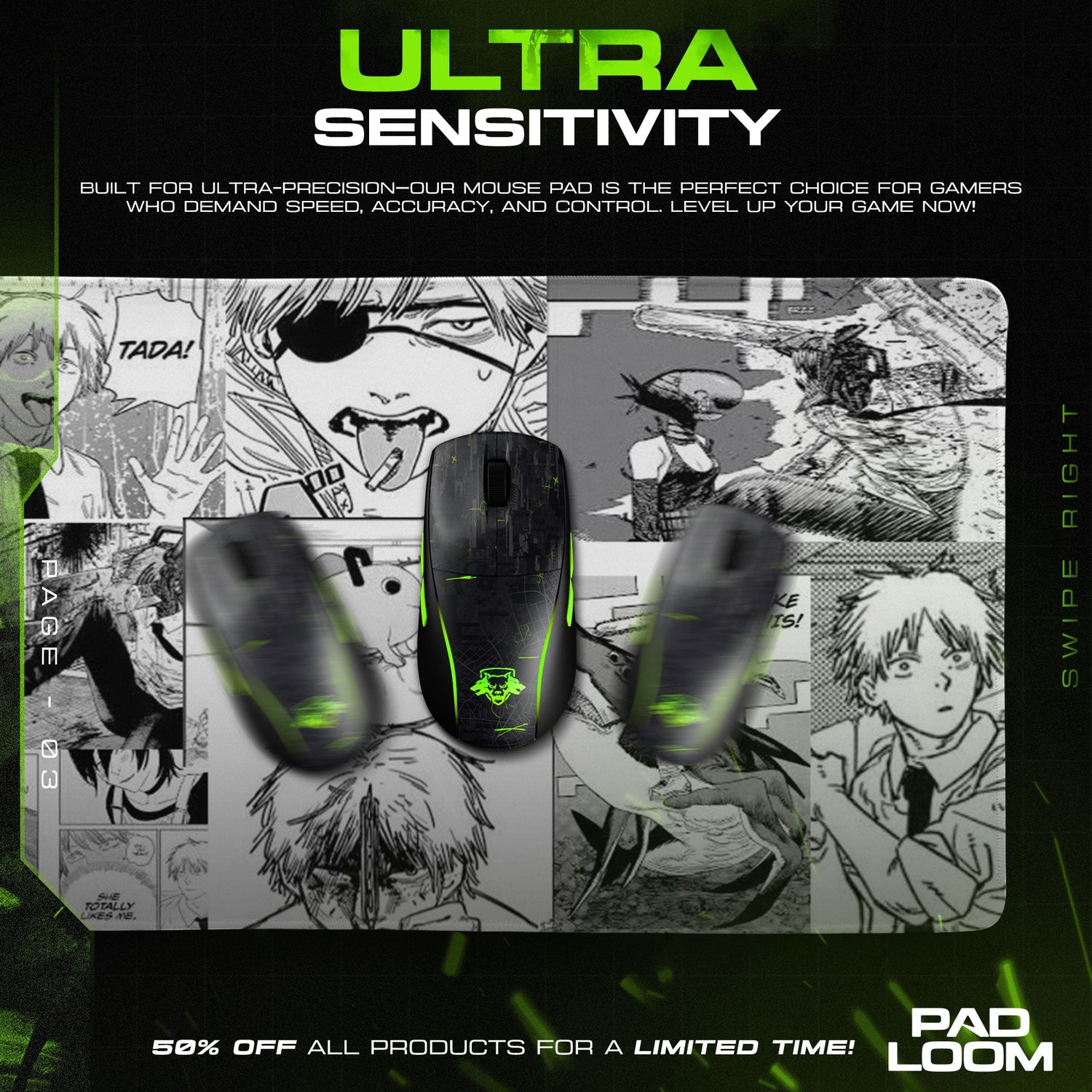 Chainsaw Man Manga Collage Mouse Pad, Anime Gaming Desk Mat Padloom