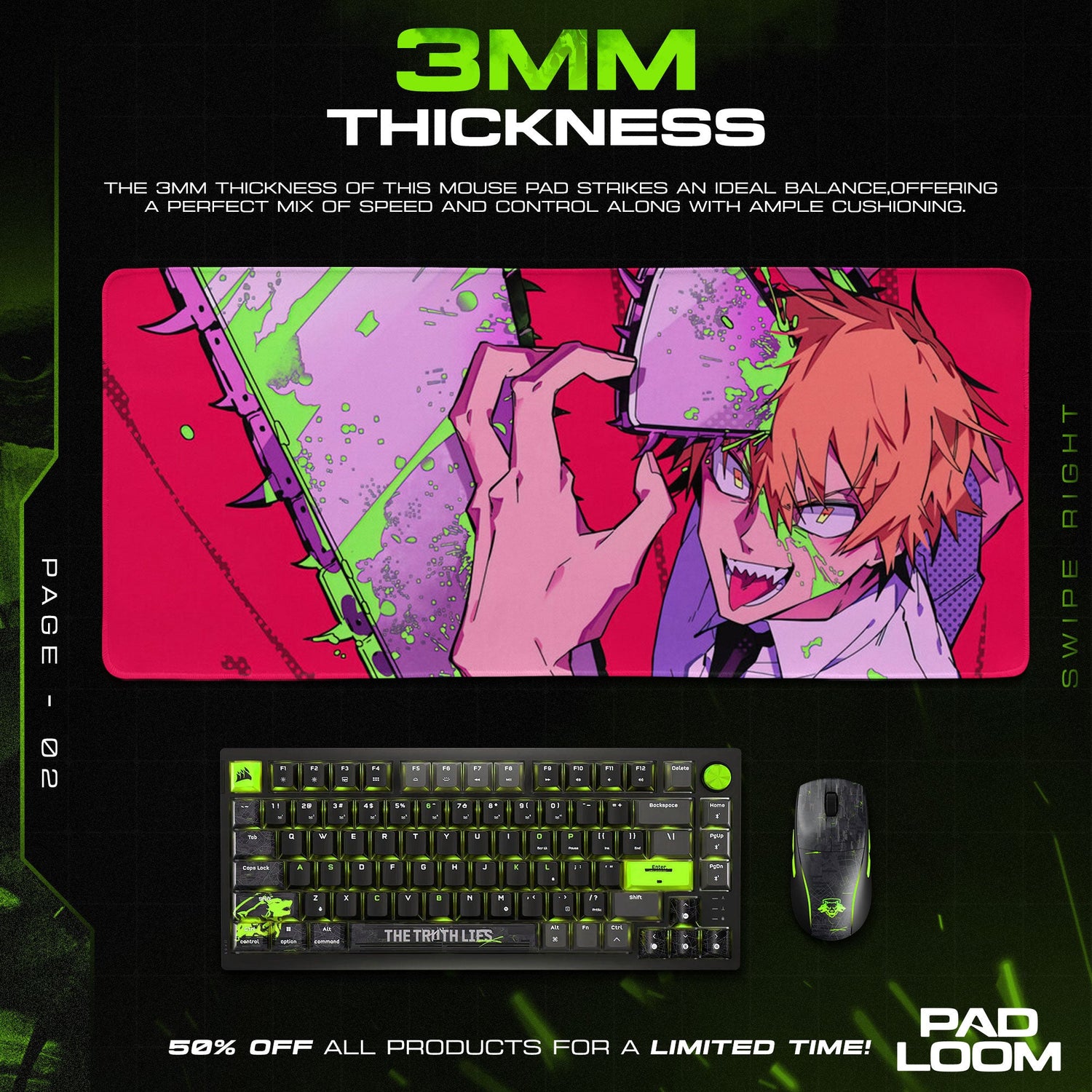 Chainsaw Man Neon Fury Mouse Pad, Anime Gaming Desk Mat Padloom