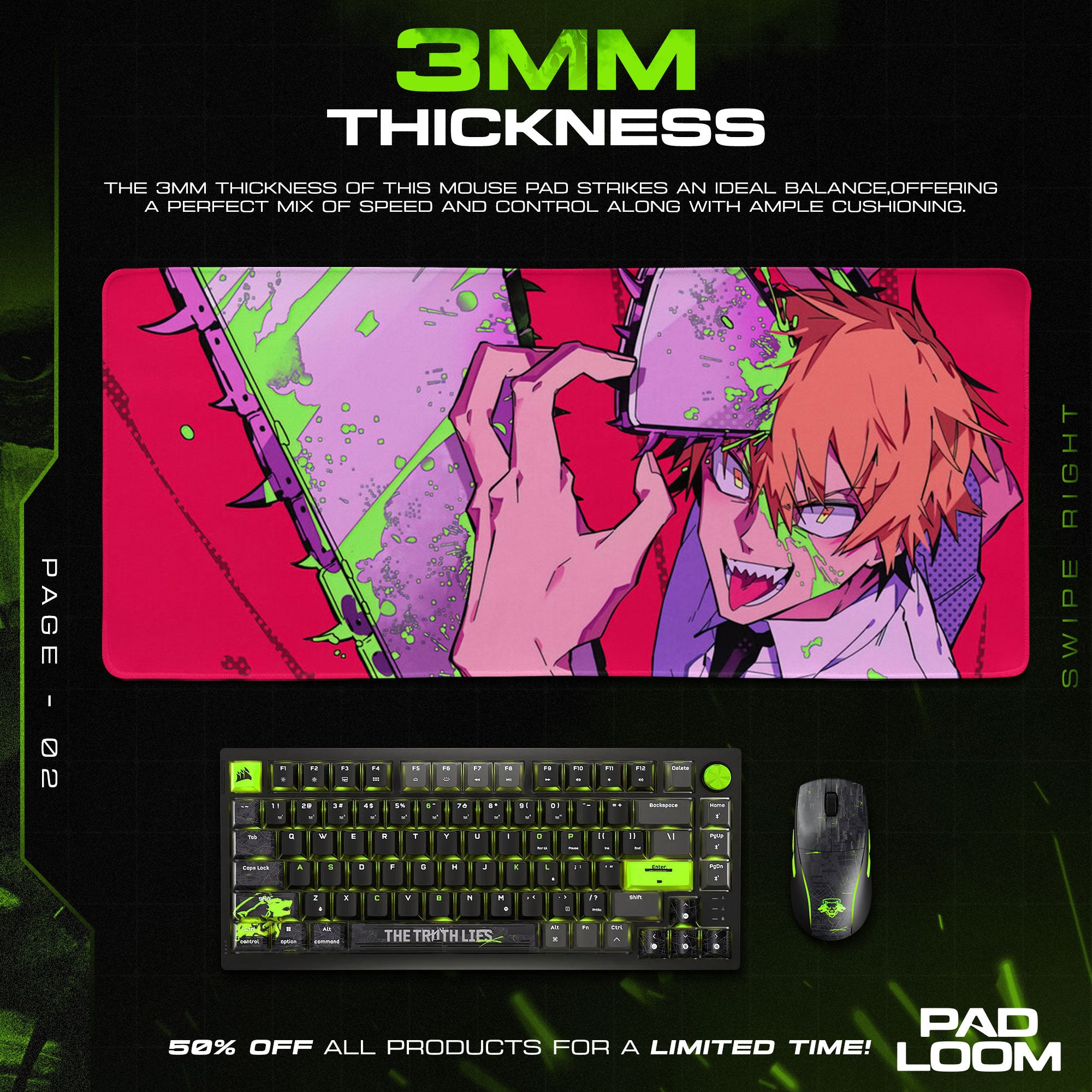 Chainsaw Man Neon Fury Mouse Pad, Anime Gaming Desk Mat