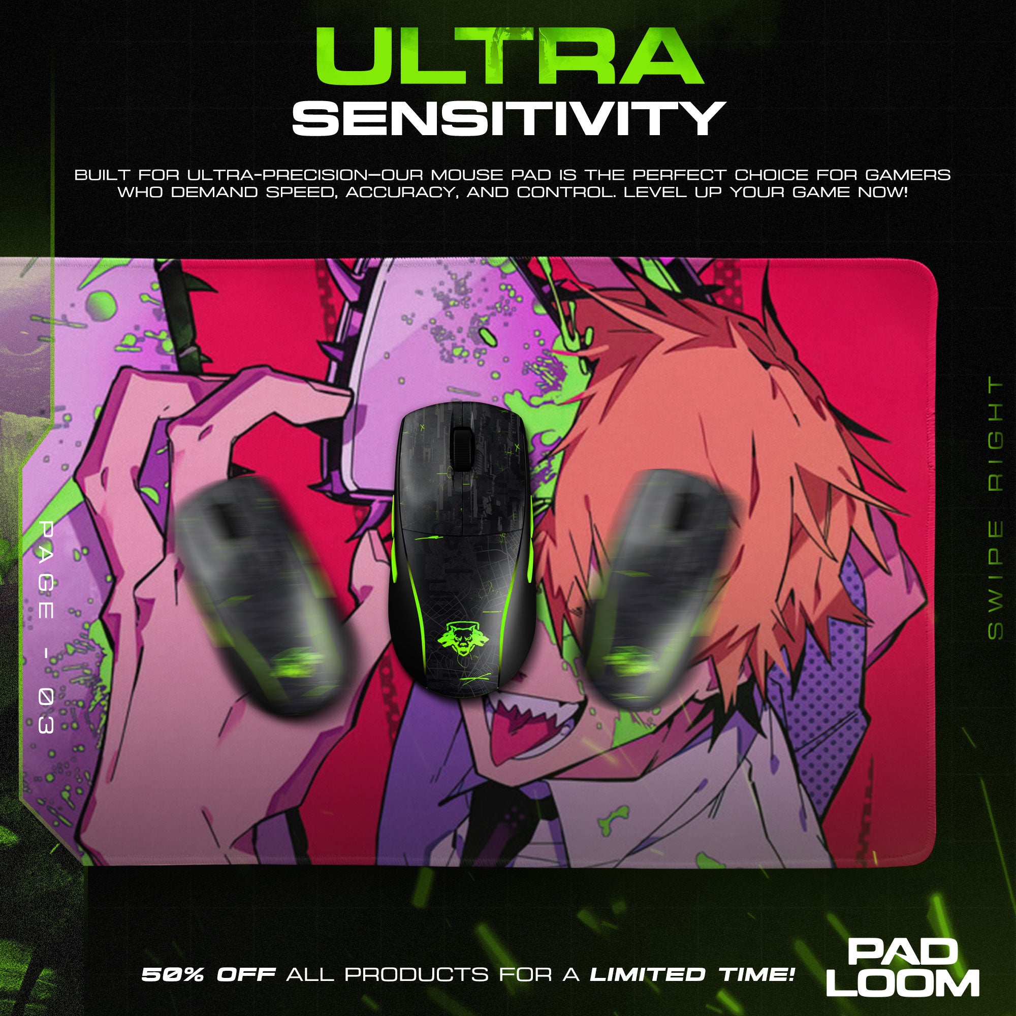 Chainsaw Man Neon Fury Mouse Pad, Anime Gaming Desk Mat